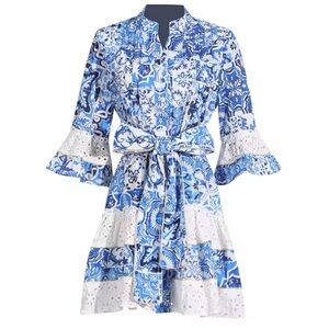 Italian Linen Large Eyelet Patchwork Flare Sleeve Ruffle Luxury Tea boho Dress